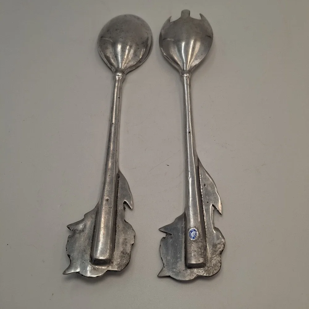 Vintage Mexican Pewter Salad Servers Set Daisy Floral Cast Aluminum Hecho Mexico